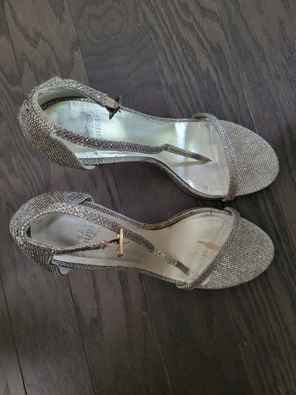 Stuart Weitzman Metallic Champagne T-Strap Heels